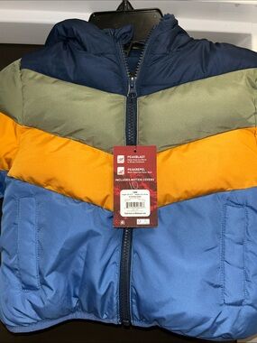 Colorblock Kids Puffer Jacket in Navy, Olive, Mustard, and Blue -